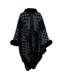 Checkered Faux Fur Trim Poncho - Pahabu - Women's Clothing & Shop