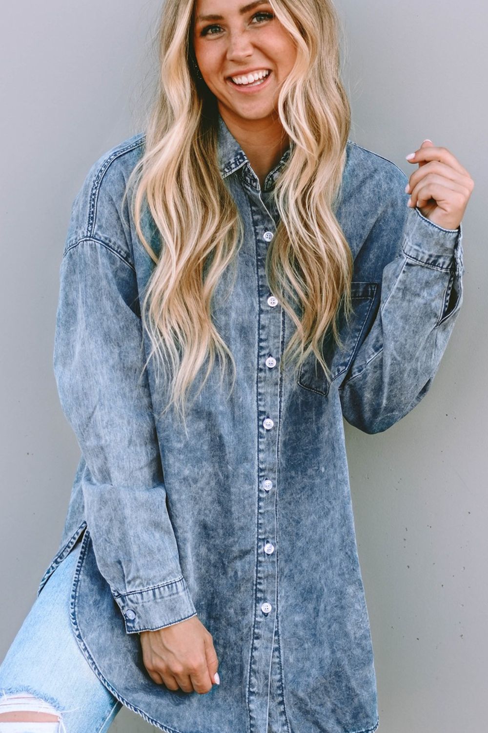 Button Up Dropped Shoulder Denim Top - Pahabu - Women's Clothing & Shop