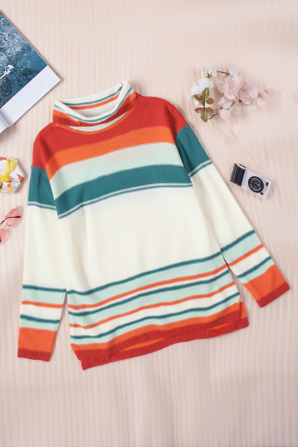 Woven Right Striped Turtleneck Drop Shoulder Sweater - Pahabu - Women's Clothing & Shop