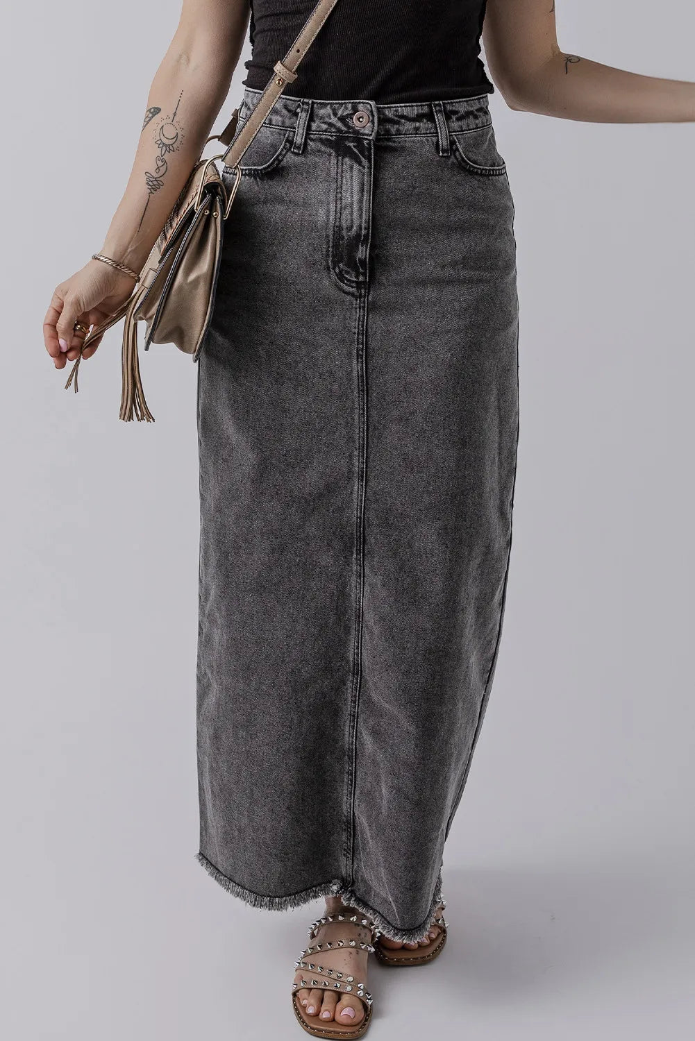 Raw Hem Midi Denim Skirt with Pockets - Pahabu - Women's Clothing & Shop