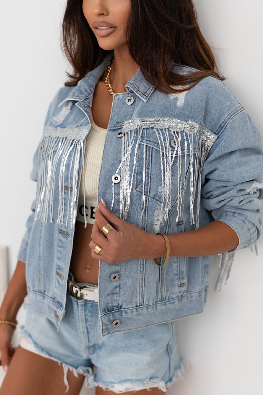 Sequin Fringe Trim Distressed Button Up Denim Jacket - Pahabu - Women's Clothing & Shop
