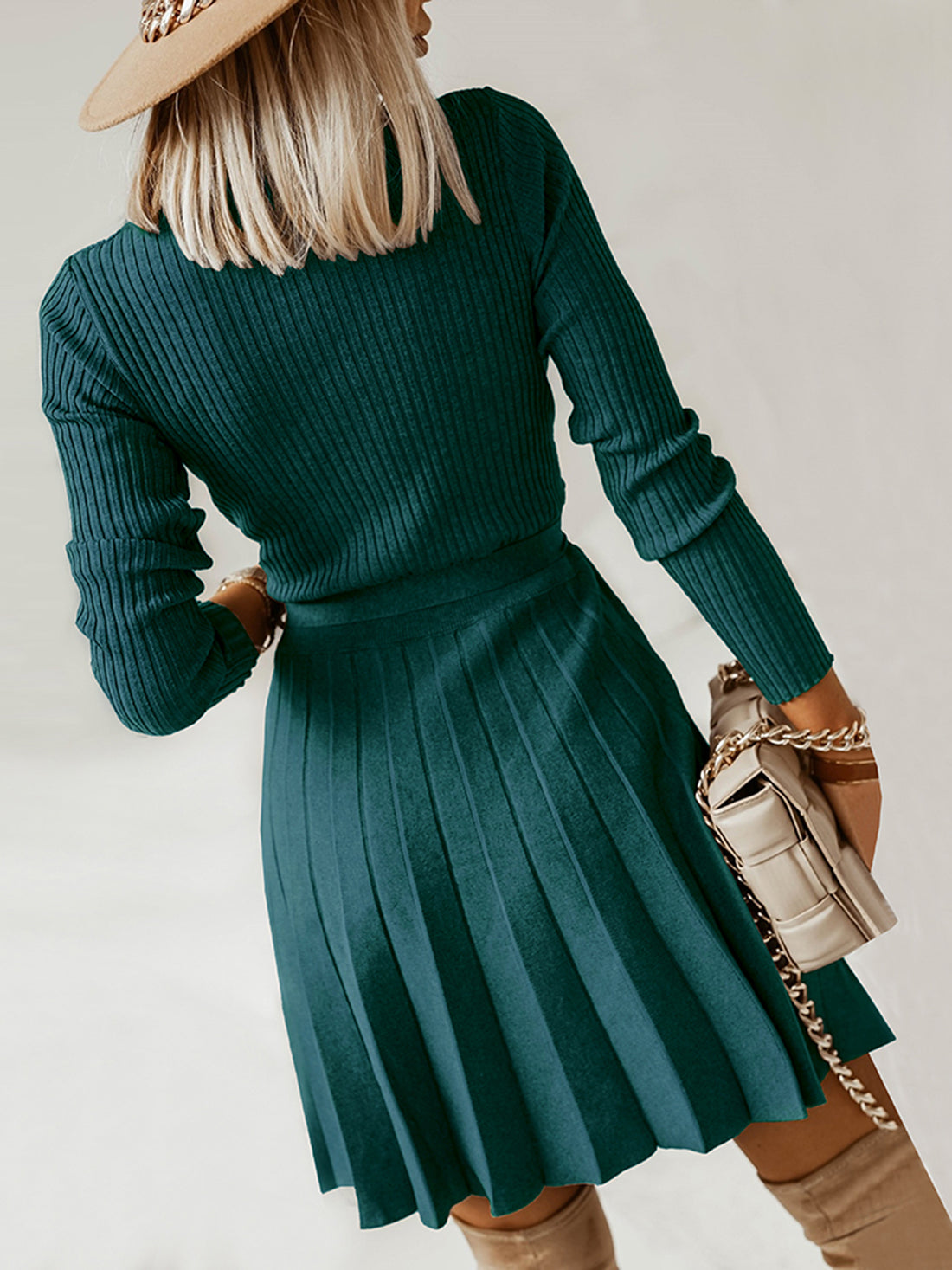 Surplice Neck Tie Front Pleated Sweater Dress - Pahabu - Women's Clothing & Shop