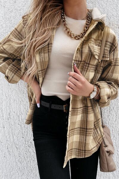 Plaid Button Up Long Sleeve Hooded Jacket - Pahabu - Women's Clothing & Shop