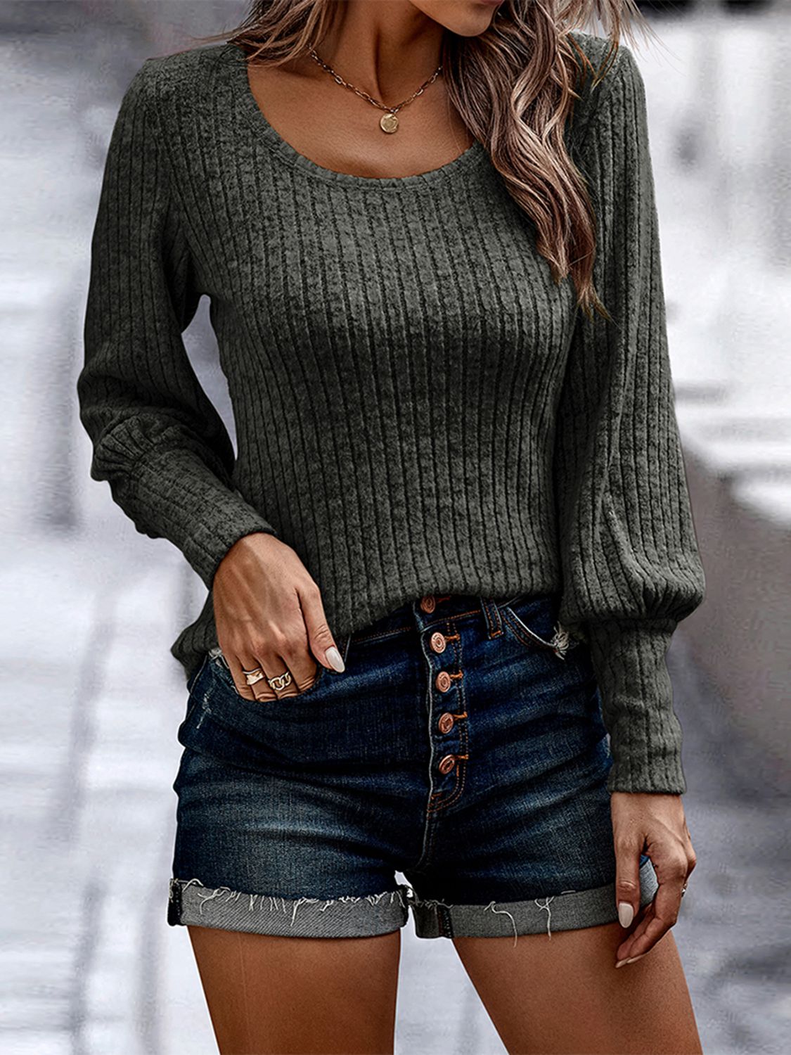 Shiny Ribbed Round Neck Long Sleeve Blouse - Pahabu - Women's Clothing & Shop