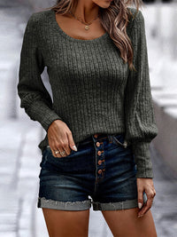 Shiny Ribbed Round Neck Long Sleeve Blouse - Pahabu - Women's Clothing & Shop