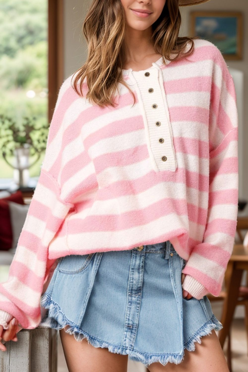 Exposed Seam Striped Round Neck Long Sleeve Sweater - Pahabu - Women's Clothing & Shop