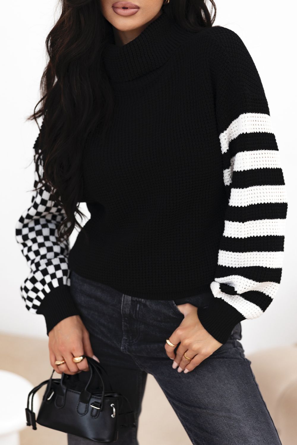 Striped & Checkered Turtleneck Dropped Shoulder Sweater - Pahabu - Women's Clothing & Shop