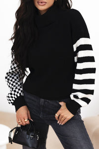 Striped & Checkered Turtleneck Dropped Shoulder Sweater - Pahabu - Women's Clothing & Shop