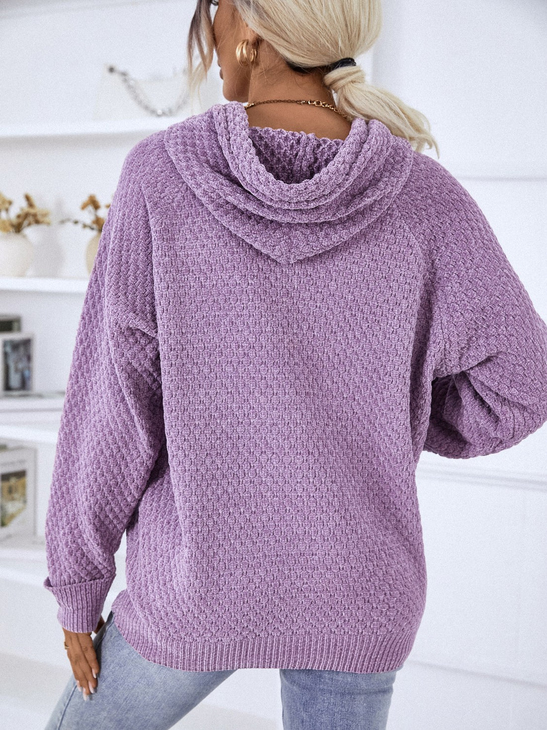 Texture Drawstring Long Sleeve Hooded Sweater - Pahabu - Women's Clothing & Shop