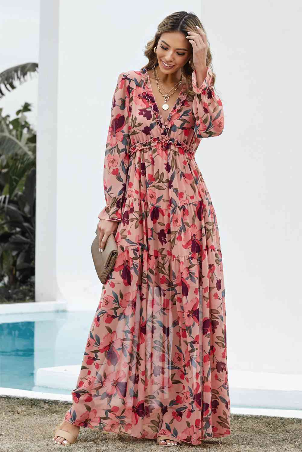 Floral Frill Trim Flounce Sleeve Plunge Maxi Dress - Pahabu - Women's Clothing & Shop