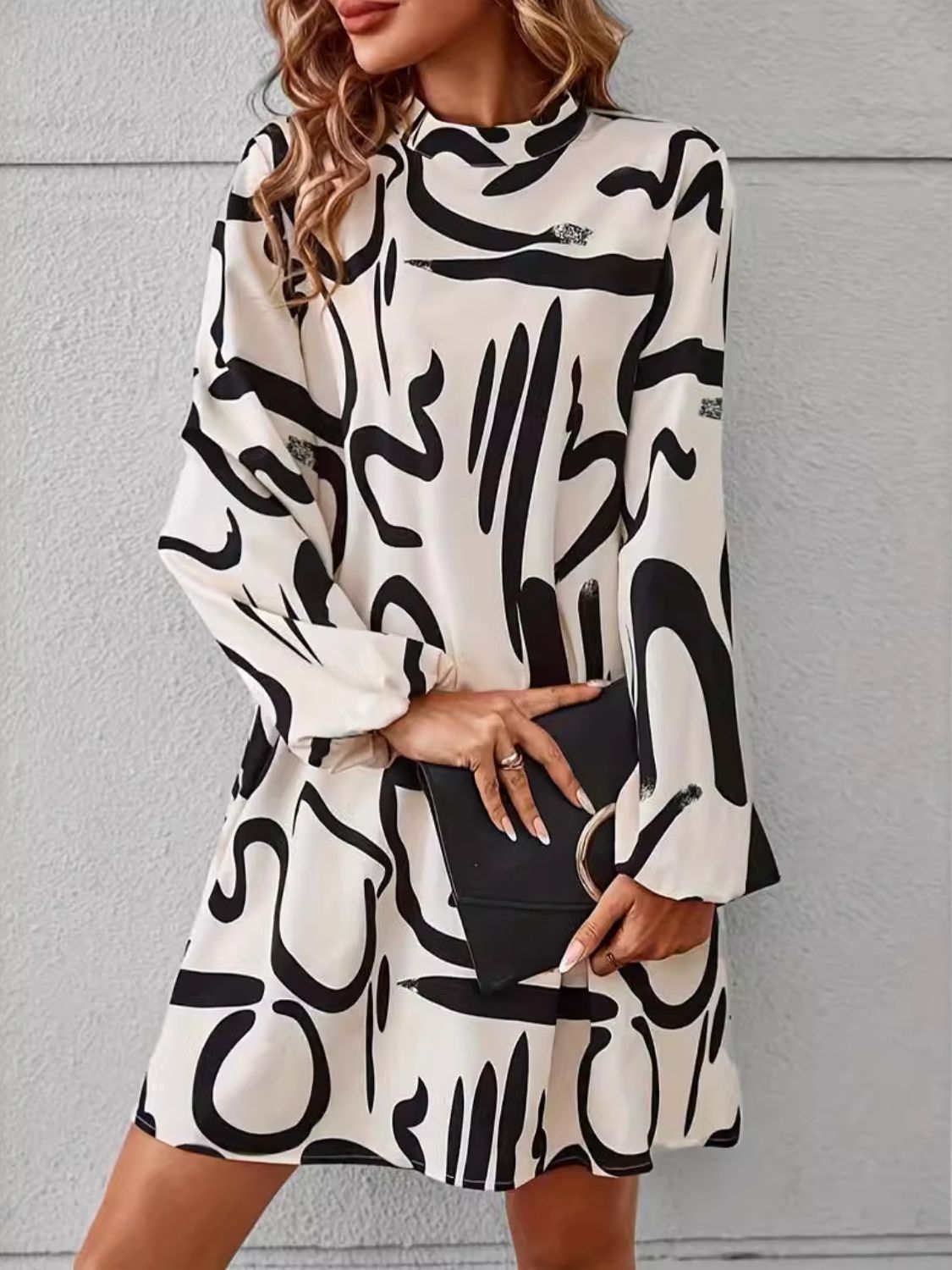 Printed Mock Neck Long Sleeve Mini Dress - Pahabu - Women's Clothing & Shop