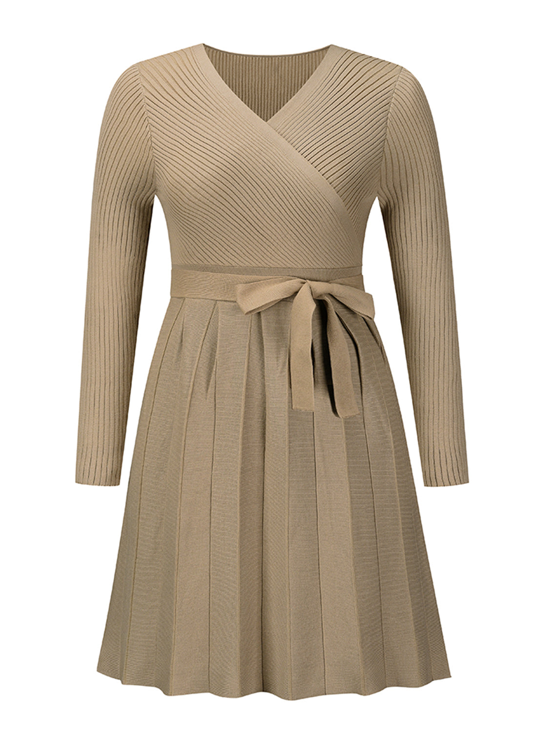 Surplice Neck Tie Front Pleated Sweater Dress - Pahabu - Women's Clothing & Shop