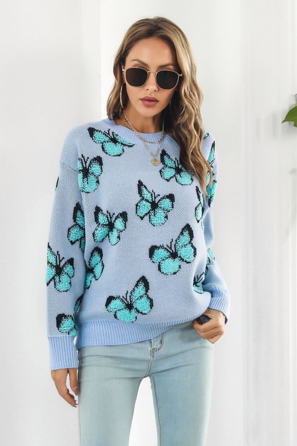 Butterfly Pattern Round Neck Dropped Shoulder Sweater - Pahabu - Women's Clothing & Shop