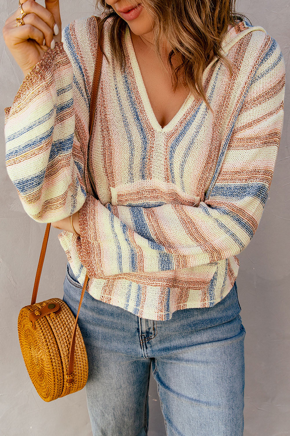 Striped Hooded Sweater with Kangaroo Pocket - Pahabu - Women's Clothing & Shop
