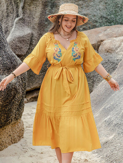 Plus Size Notched Tie Waist Half Sleeve Midi Dress - Pahabu - Women's Clothing & Shop