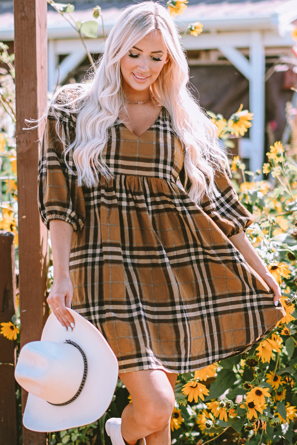 Plaid V-Neck Balloon Sleeve Dress - Pahabu - Women's Clothing & Shop