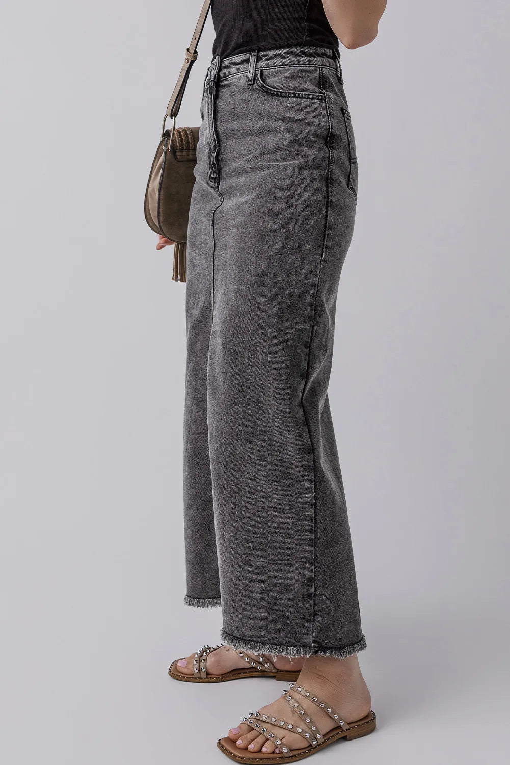 Raw Hem Midi Denim Skirt with Pockets - Pahabu - Women's Clothing & Shop