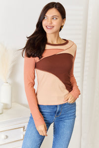 Double Take Color Block Exposed Seam Long Sleeve Top