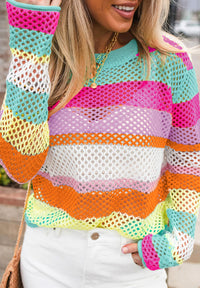 Openwork Contrast Striped Round Neck Knit Top - Pahabu - Women's Clothing & Shop