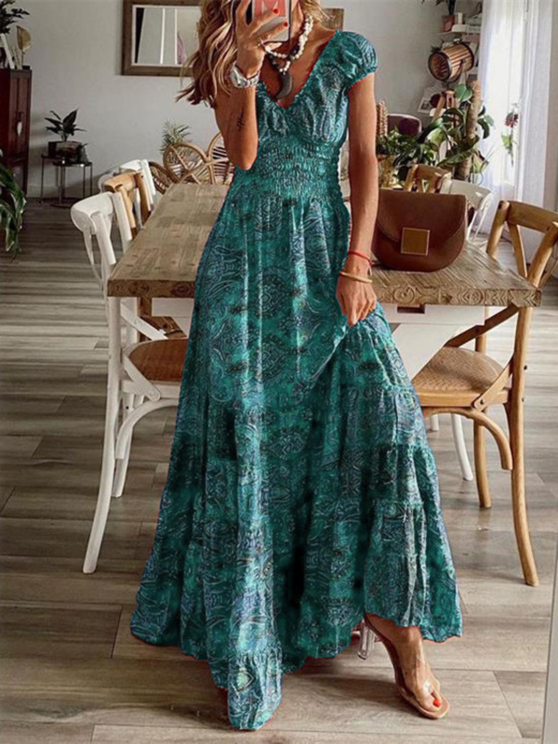 Full Size Smocked Printed V-Neck Short Sleeve Dress - Pahabu - Women's Clothing & Shop