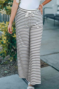 Striped Drawstring Waist Wide Leg Pants - Pahabu - Women's Clothing & Shop