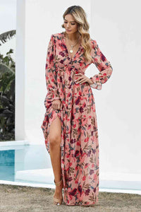 Floral Frill Trim Flounce Sleeve Plunge Maxi Dress - Pahabu - Women's Clothing & Shop