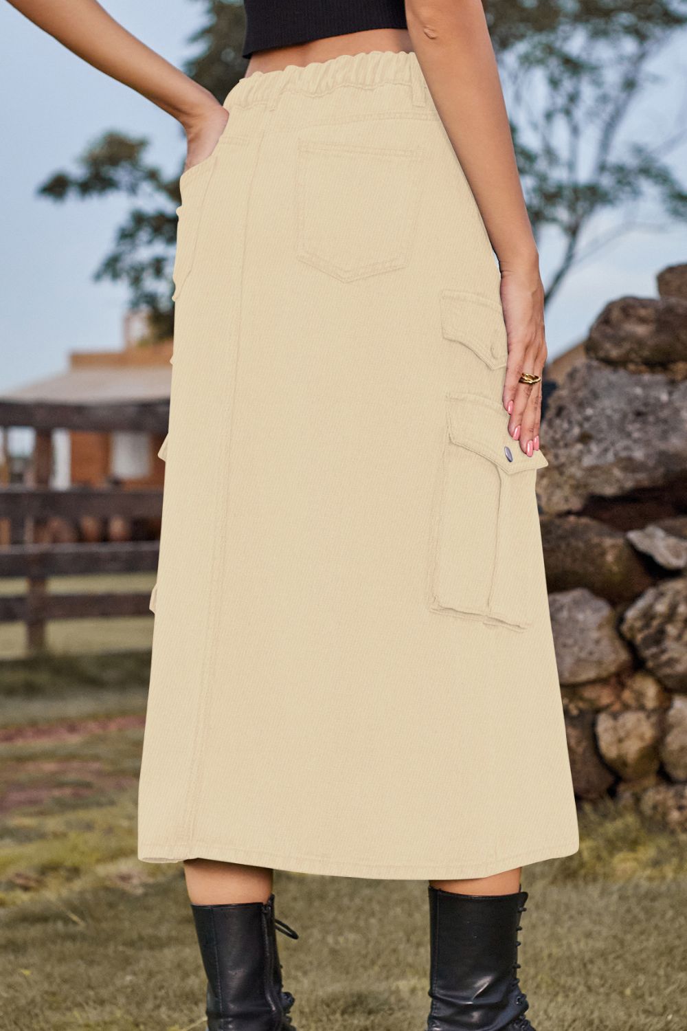 Slit Front Midi Denim Skirt with Pockets - Pahabu - Women's Clothing & Shop