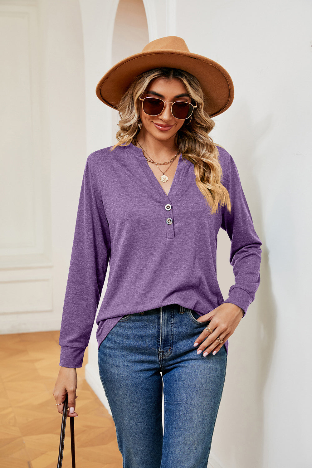 Buttoned Notched Neck Long Sleeve Top - Pahabu - Women's Clothing & Shop