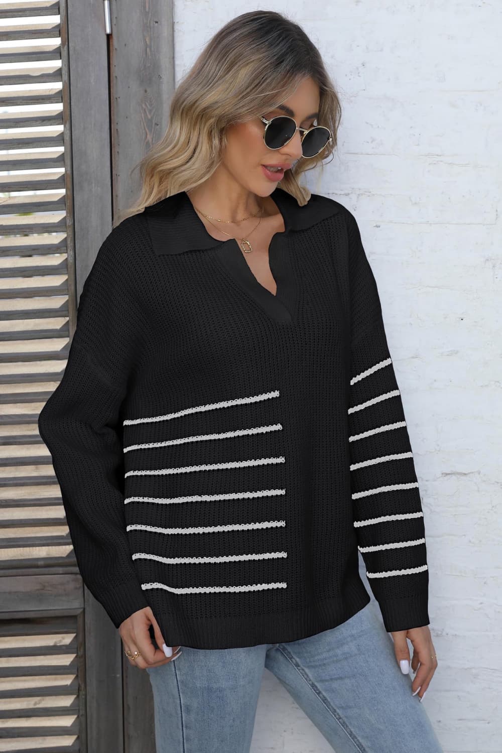 Ribbed Notched Neck Striped Long Sleeve Sweater - Pahabu - Women's Clothing & Shop