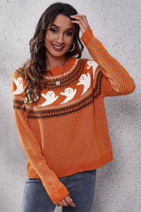 Ghost Pattern Round Neck Long Sleeve Sweater - Pahabu - Women's Clothing & Shop