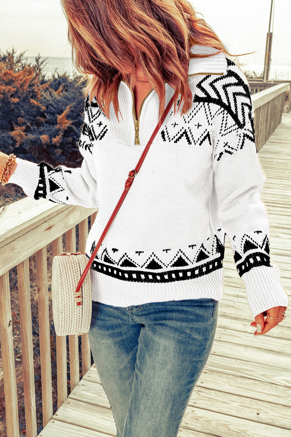 Zip-Up Mock Neck Dropped Shoulder Pullover Sweater - Pahabu - Women's Clothing & Shop