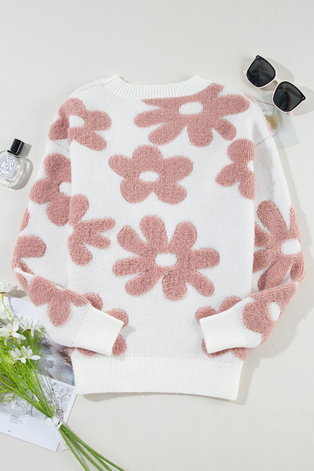 Flower Round Neck Long Sleeve Knit Top - Pahabu - Women's Clothing & Shop