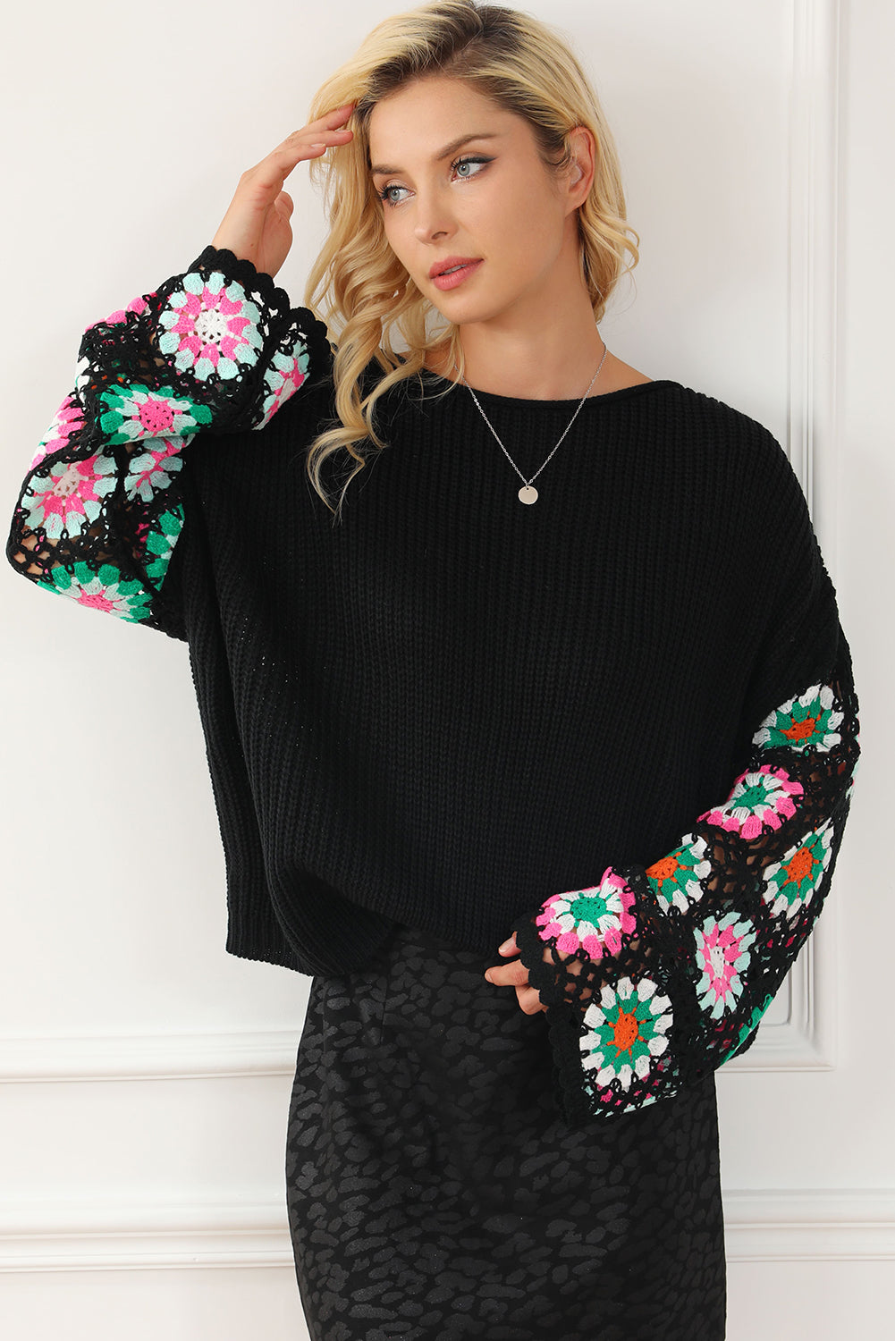 Crochet Round Neck Long Sleeve Knit Top - Pahabu - Women's Clothing & Shop