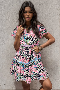 Printed Ruffle Hem Short Sleeve Mini Dress - Pahabu - Women's Clothing & Shop