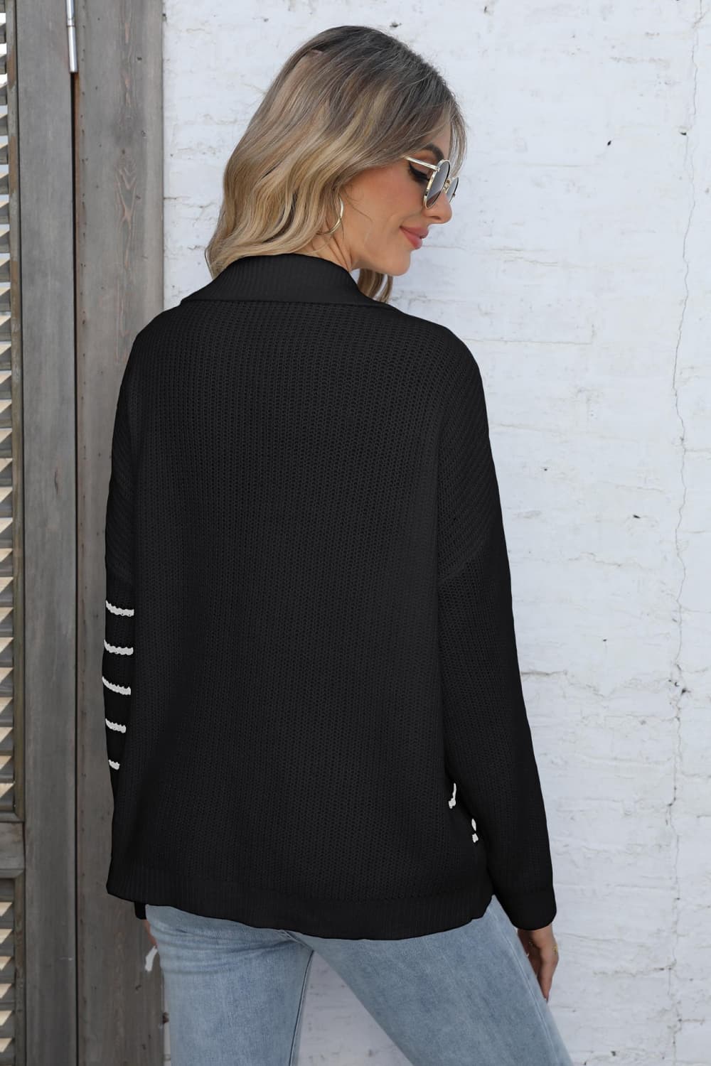 Ribbed Notched Neck Striped Long Sleeve Sweater - Pahabu - Women's Clothing & Shop