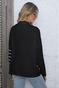 Ribbed Notched Neck Striped Long Sleeve Sweater - Pahabu - Women's Clothing & Shop