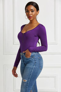 Half Zip Scoop Neck Long Sleeve Bodysuit - Pahabu - Women's Clothing & Shop