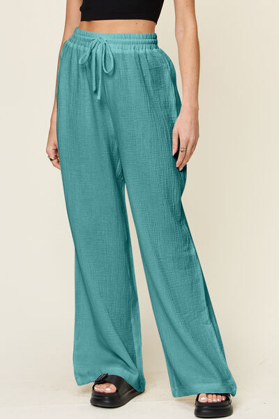 Double Take Full Size Texture Drawstring Wide Leg Pants - Pahabu - Women's Clothing & Shop