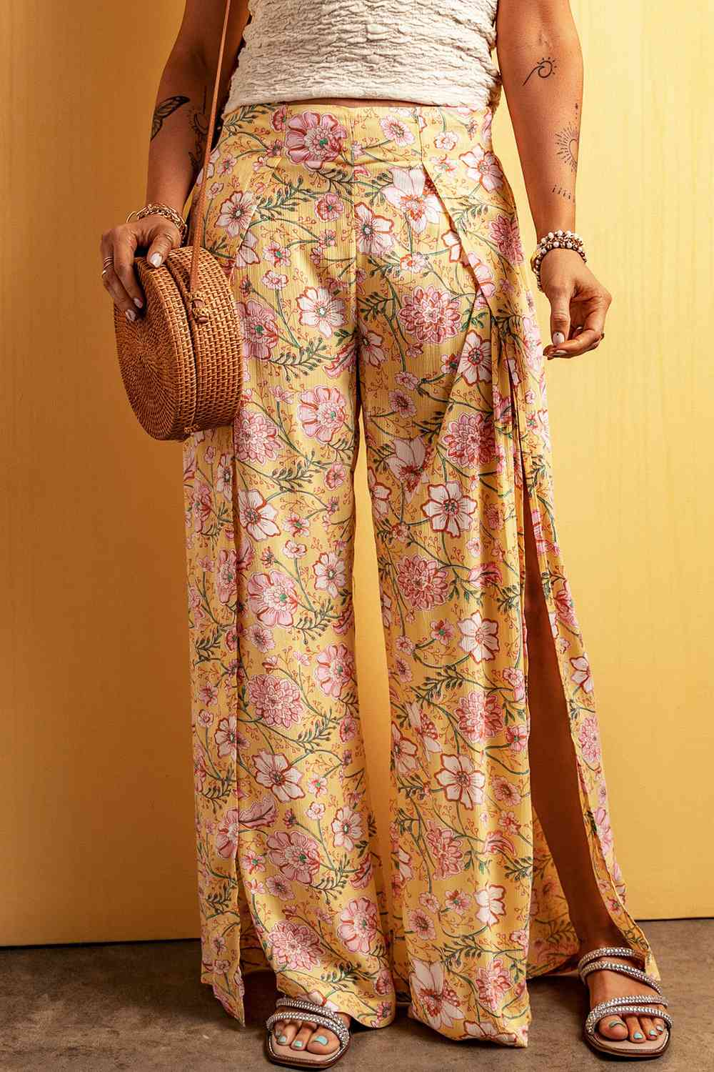 Floral Slit Wide Leg Pants - Pahabu - Women's Clothing & Shop