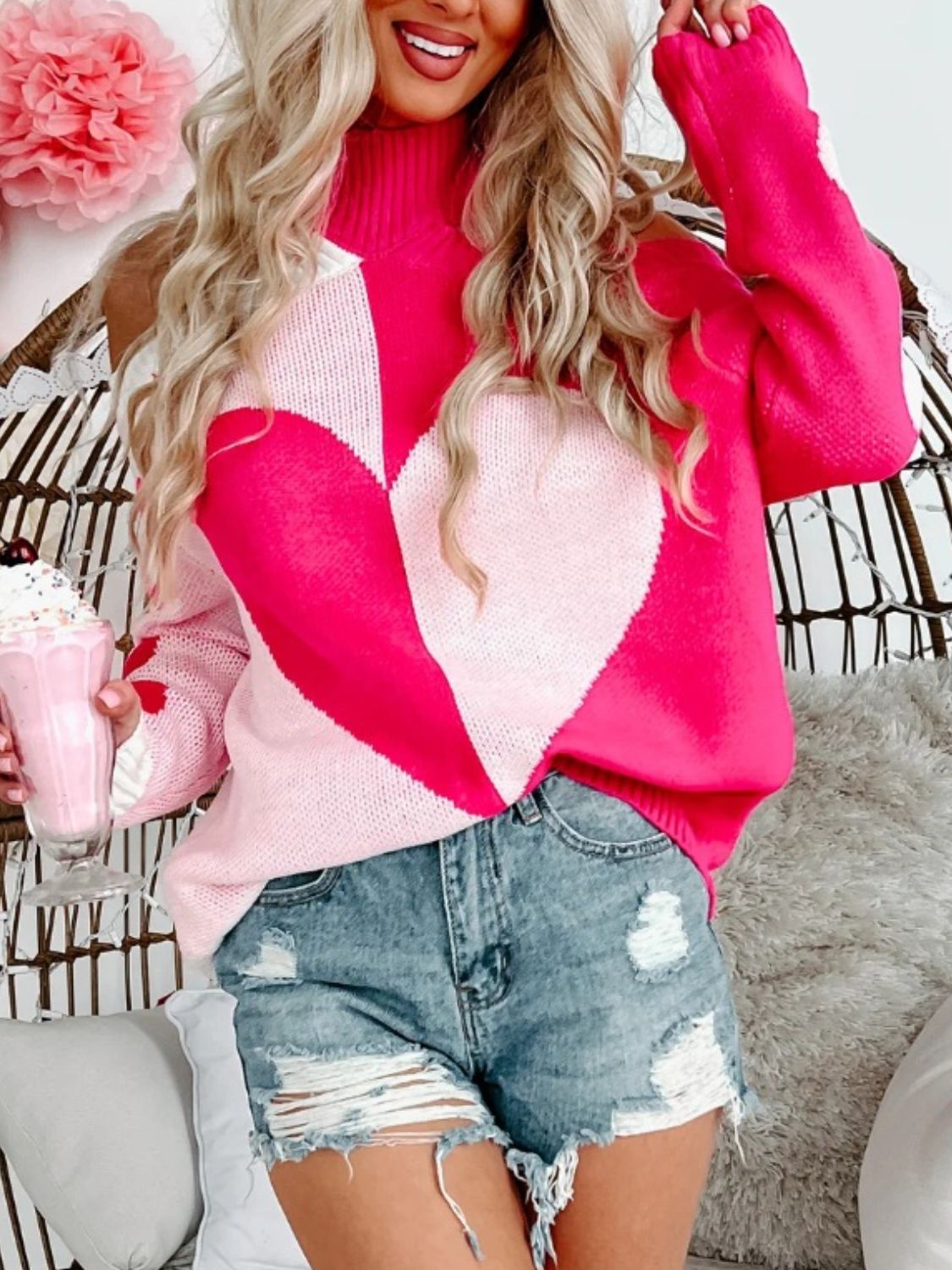 Valentine's Day Heart Turtleneck Cold Shoulder Sweater - Pahabu - Women's Clothing & Shop