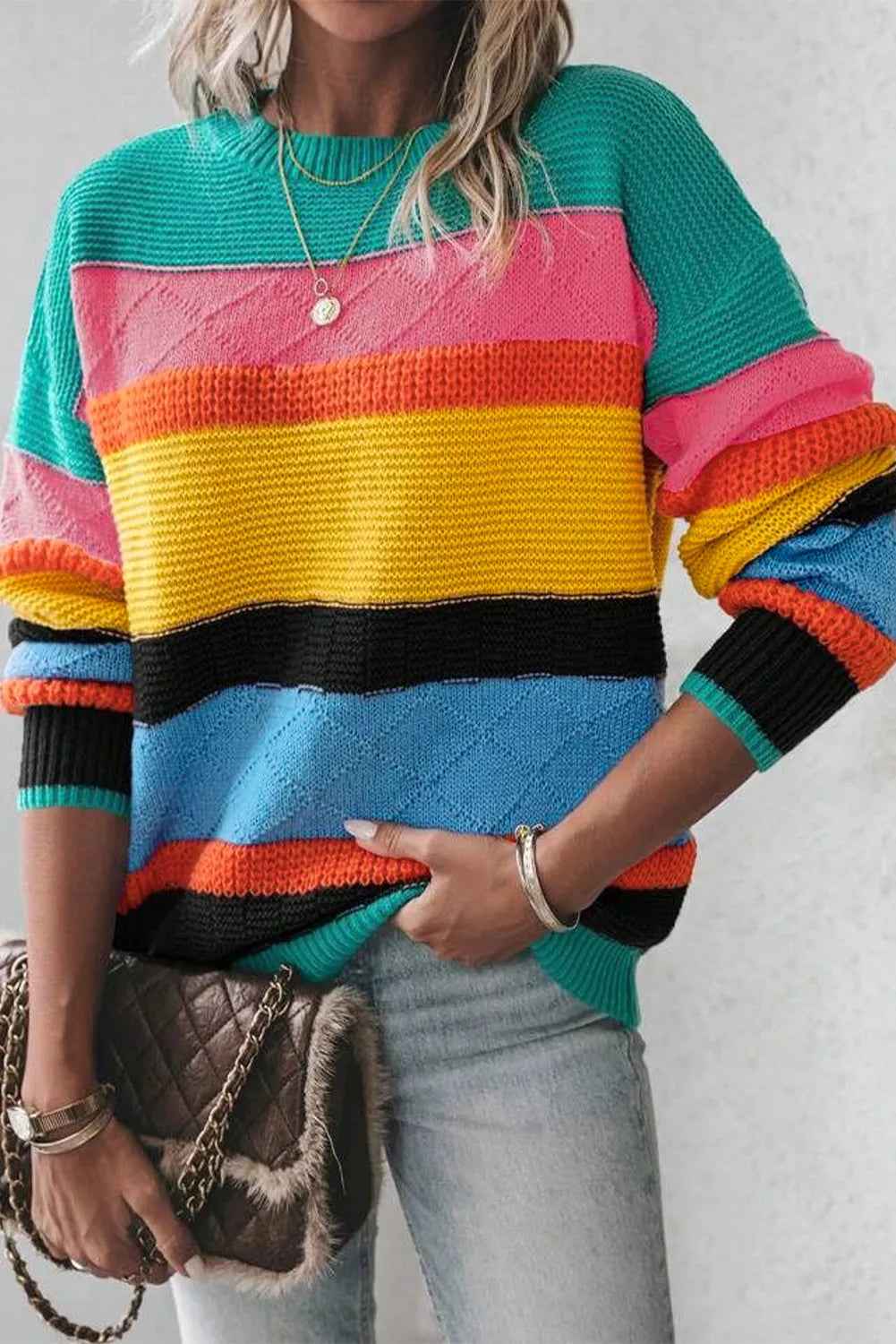 Contrast Round Neck Dropped Shoulder Sweater - Pahabu - Women's Clothing & Shop
