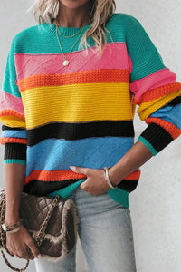Contrast Round Neck Dropped Shoulder Sweater - Pahabu - Women's Clothing & Shop
