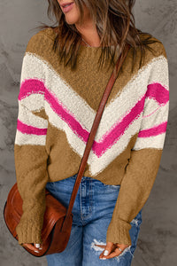 Contrast Round Neck Dropped Shoulder Sweater - Pahabu - Women's Clothing & Shop