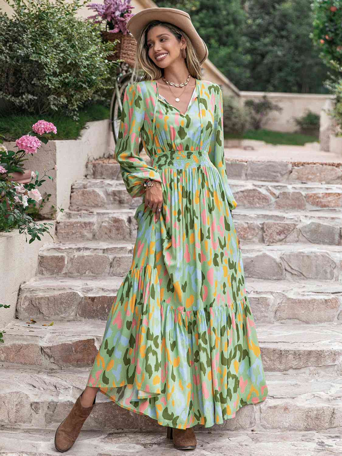 Printed Tie Neck Long Sleeve Maxi Dress - Pahabu - Women's Clothing & Shop