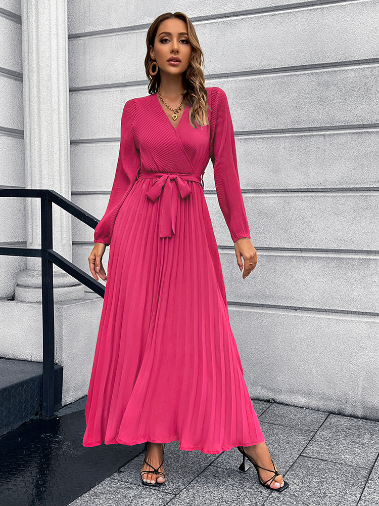V-Neck Tie Waist Pleated Maxi Dress - Pahabu - Women's Clothing & Shop