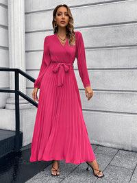 V-Neck Tie Waist Pleated Maxi Dress - Pahabu - Women's Clothing & Shop