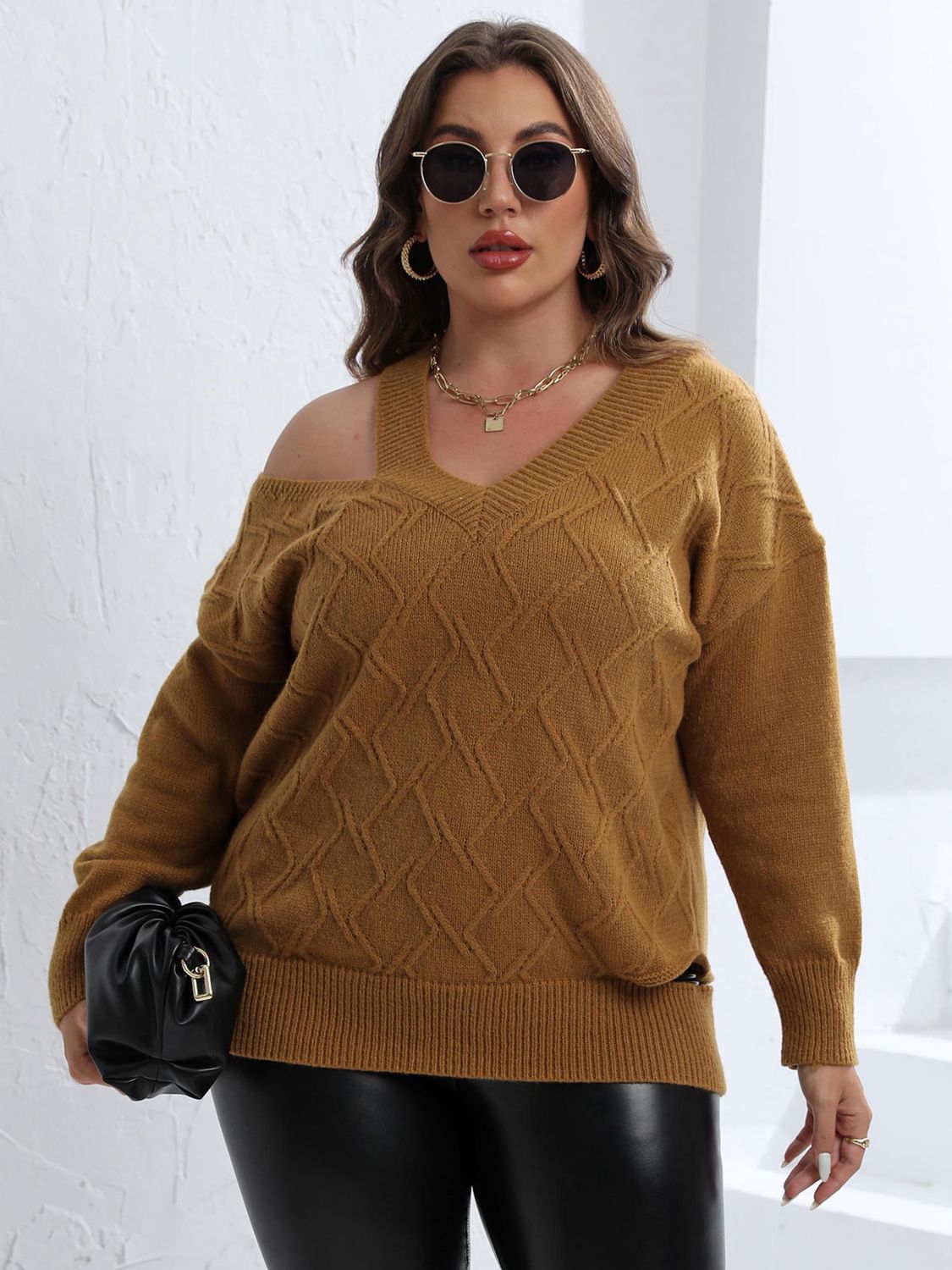 Plus Size Cutout V-Neck Sweater - Pahabu - Women's Clothing & Shop