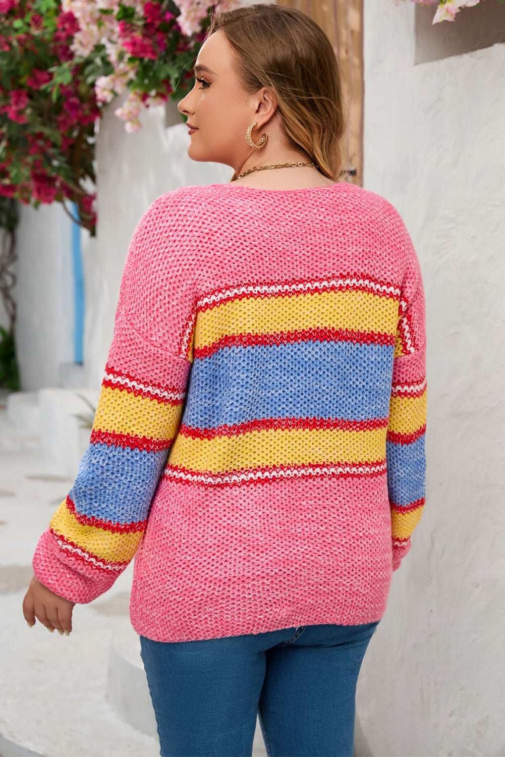 Plus Size Color Block Round Neck Long Sleeve Sweater - Pahabu - Women's Clothing & Shop