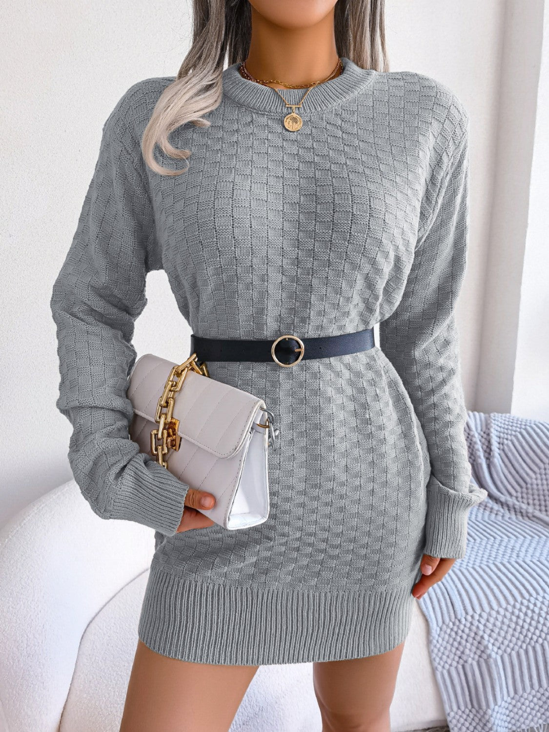 Round Neck Long Sleeve Mini Sweater Dress - Pahabu - Women's Clothing & Shop