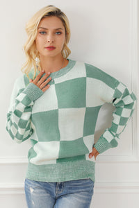 Checkered Drop Shoulder Long Sleeve Sweater - Pahabu - Women's Clothing & Shop